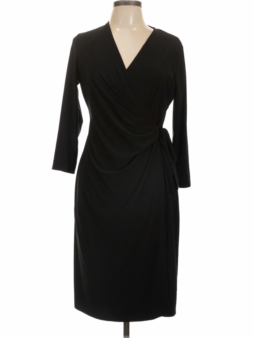 Evan Picone Black Wrap-Style Midi Dress with Side Knot